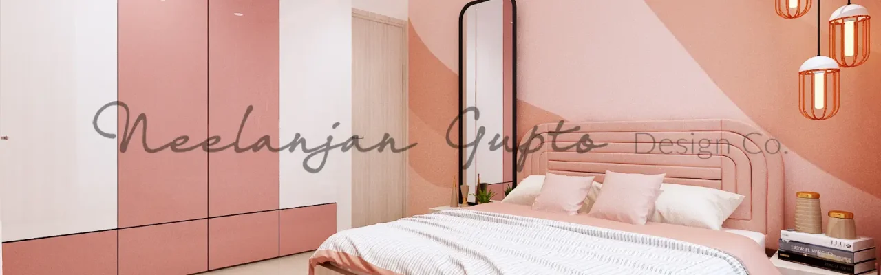Luxury kids bedroom designed by Neelanjan Gupto Design Co. for Santosh Karnuk Residence featuring a bespoke upholstered bed, blush pink wardrobes, designer pendant lights, and contemporary residential interior design.